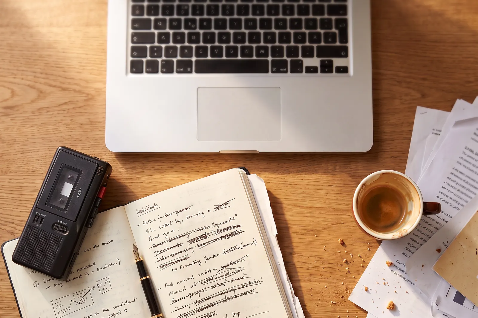 Laptop, Diktiergerät und ein handschriftlich gefülltes Notizbuch auf einem Schreibtisch