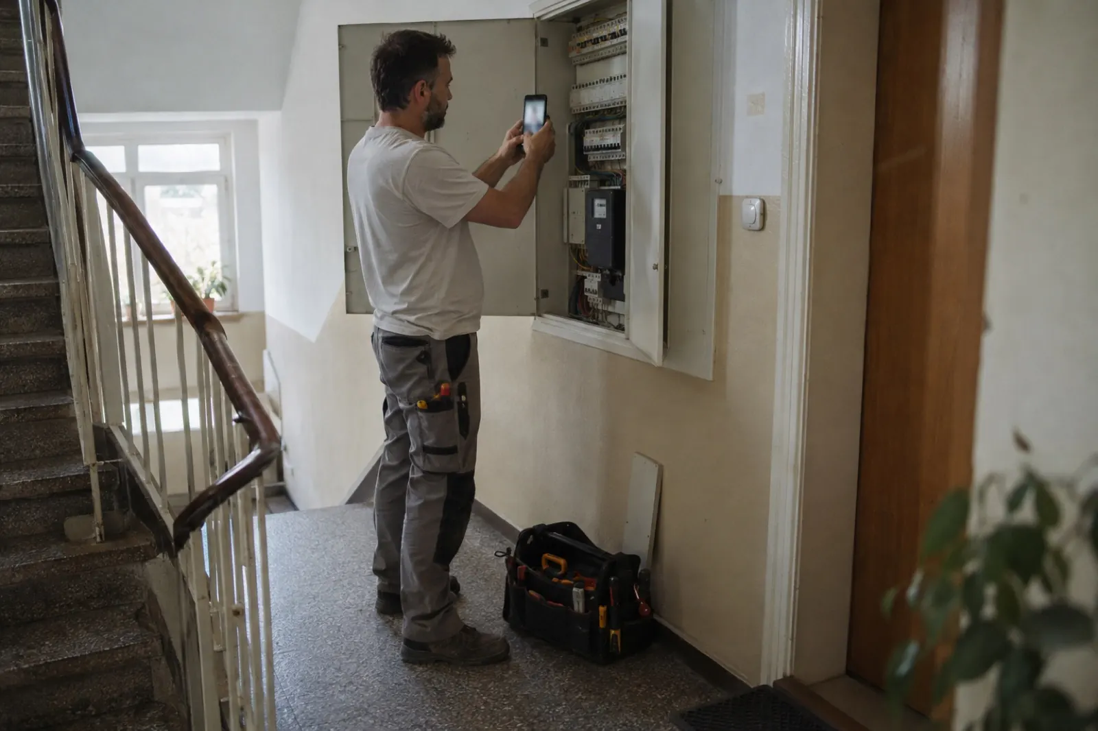 Elektriker fotografiert einen geöffneten Verteilerkasten im Treppenhaus