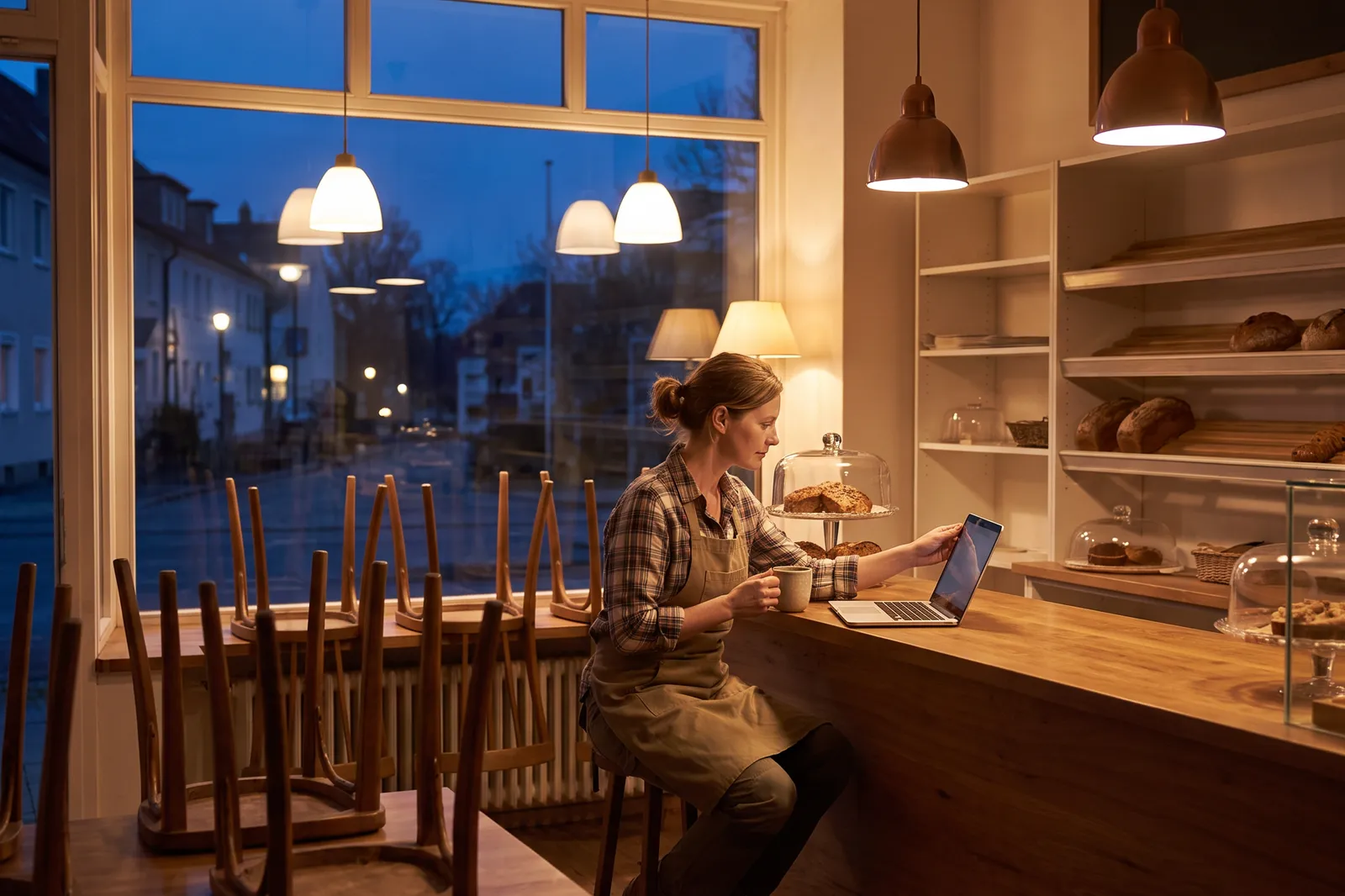 Ladeninhaberin arbeitet nach Feierabend am Laptop auf dem Tresen ihres Cafés