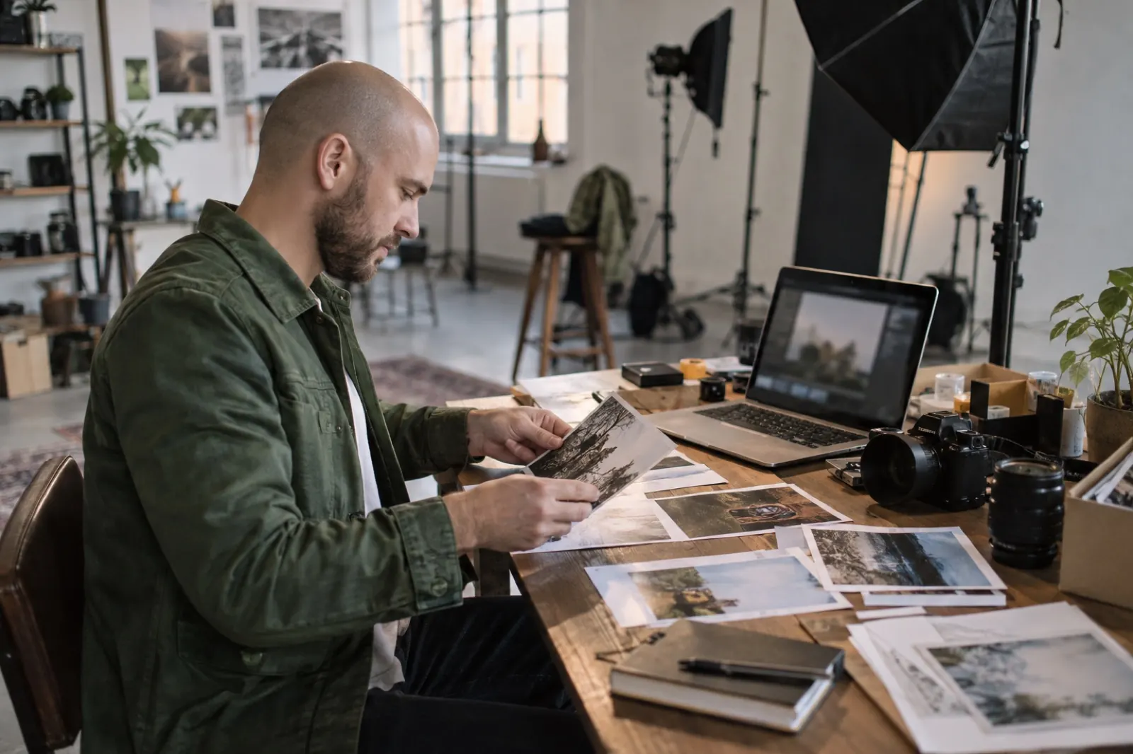 Fotograf sortiert Abzüge an seinem Studiotisch neben Kamera und Laptop
