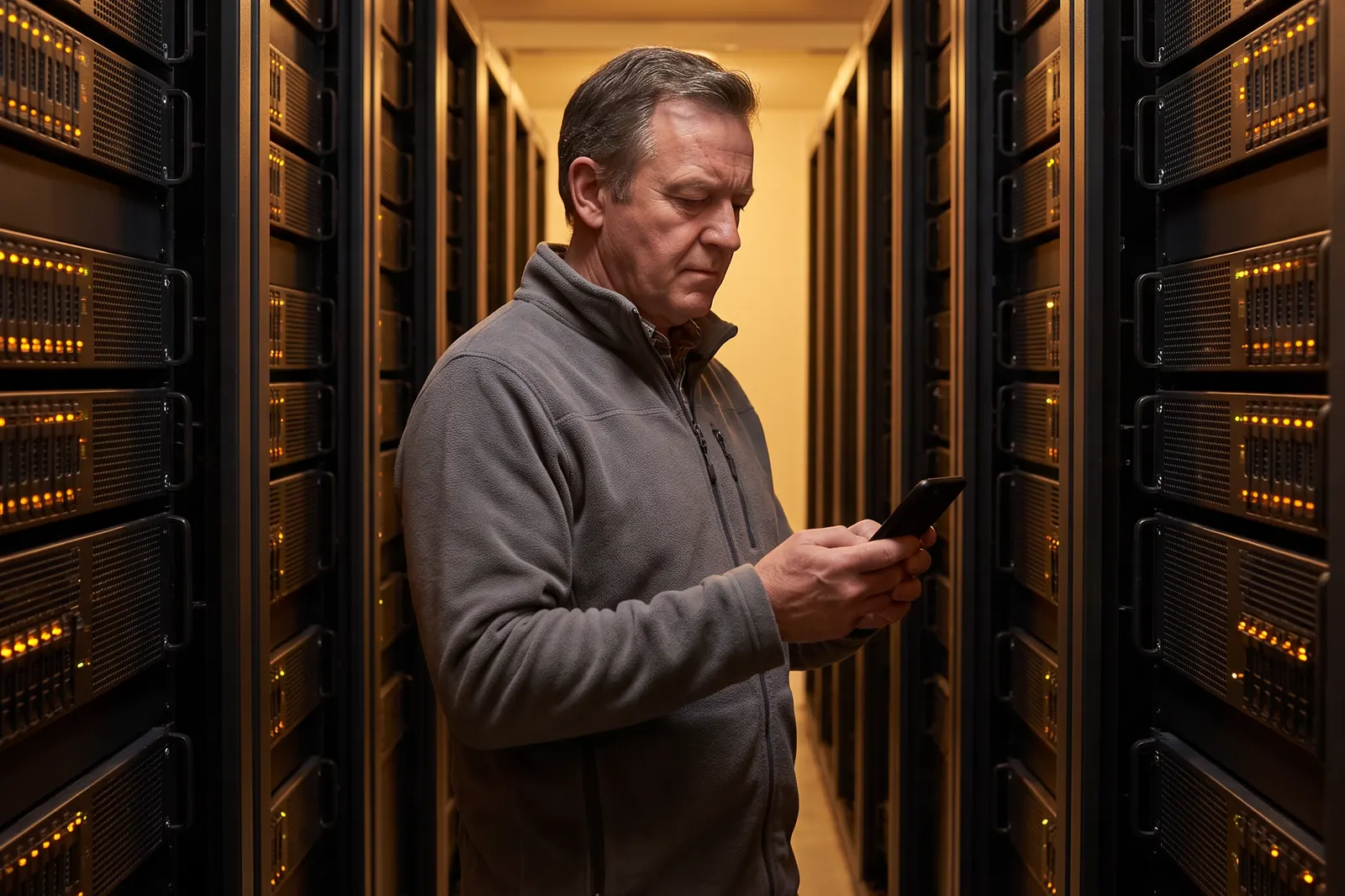 Techniker prüft in einem Serverraum zwischen zwei Serverschränken die Systeme