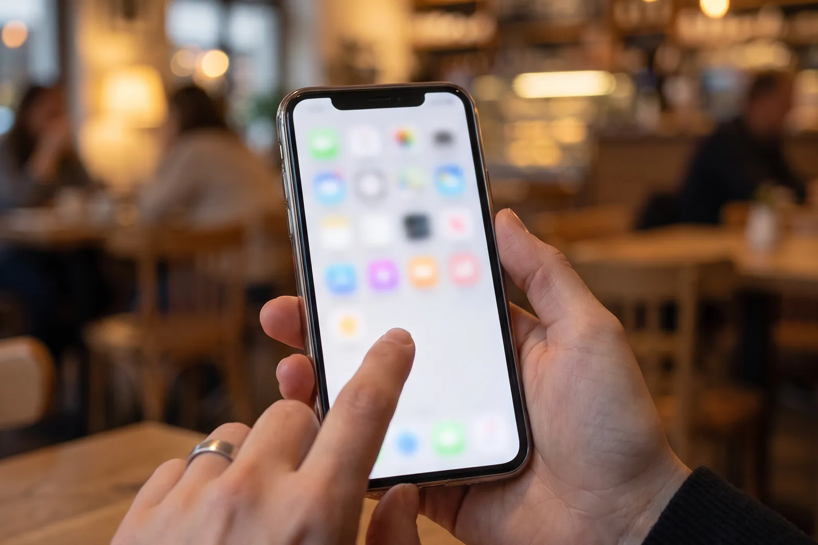Hand hält ein Smartphone in einem Café und tippt auf den Bildschirm