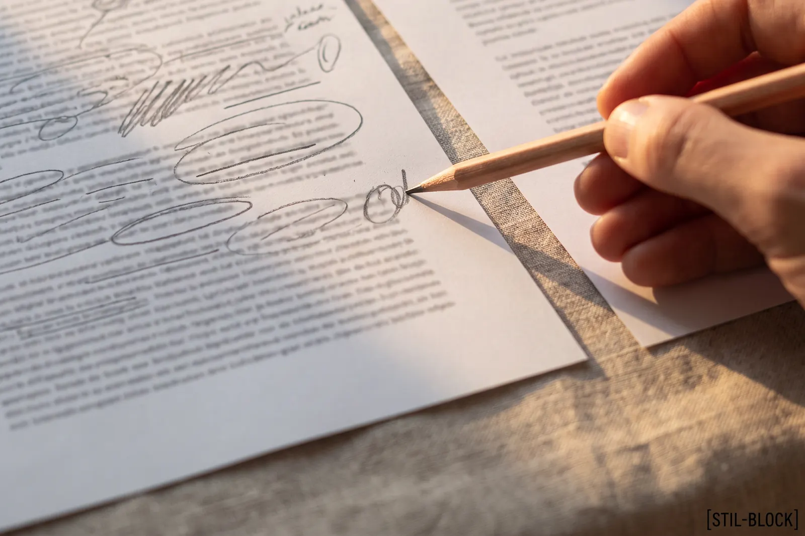 Hand korrigiert mit einem Bleistift einen ausgedruckten Text und markiert einzelne Stellen