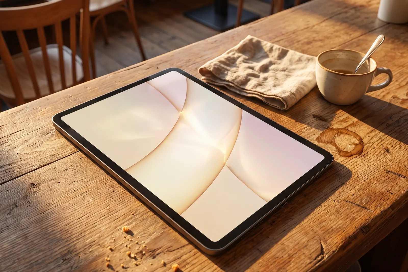 Tablet mit leerem Bildschirm auf einem Holztisch im Café