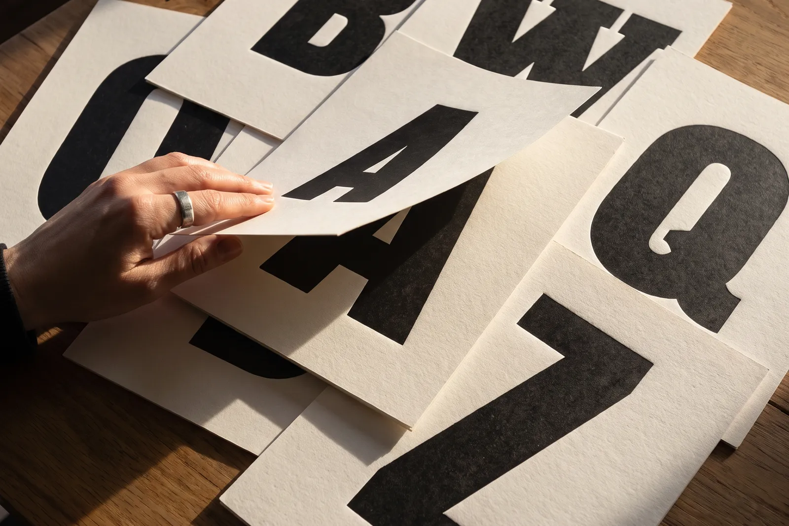 Große gedruckte Buchstaben auf Papierbögen liegen im Sonnenlicht auf einem Holztisch