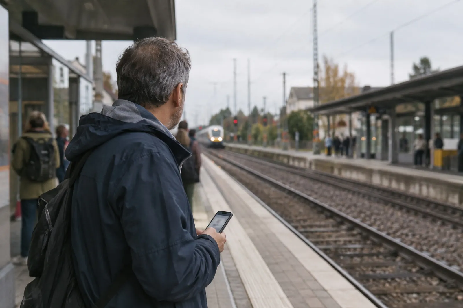 Mann wartet am Bahnsteig, das Smartphone in der Hand