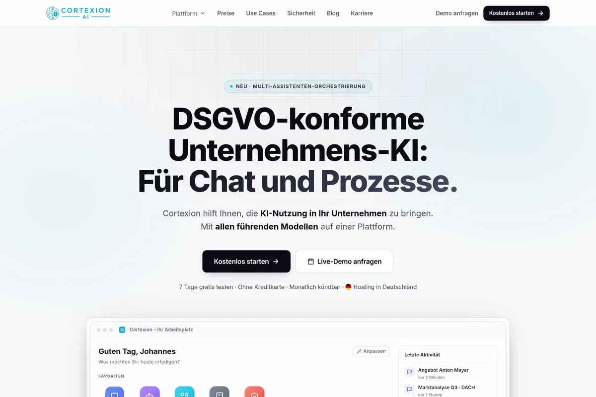 Startseite von cortexion.ai – die Plattform-Website der KI-Plattform Cortexion