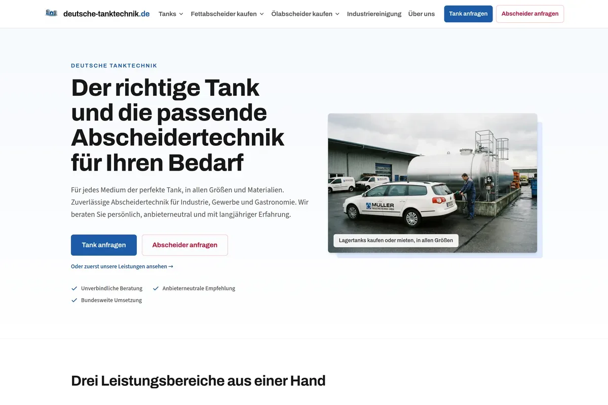 Startseite von deutsche-tanktechnik.de: Lagertanks und Abscheidertechnik für Industrie und Gewerbe