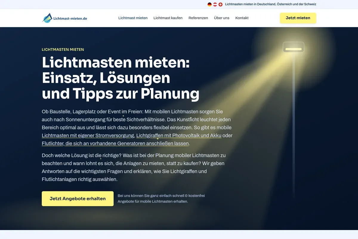 Startseite von lichtmast-mieten.de: mobile Lichtmasten für Baustelle und Event mieten